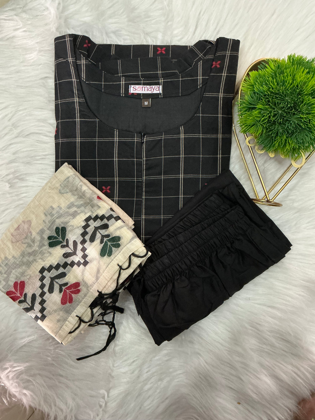 Black checked handloom Cotton 3 piece Set with embroidered dupptta