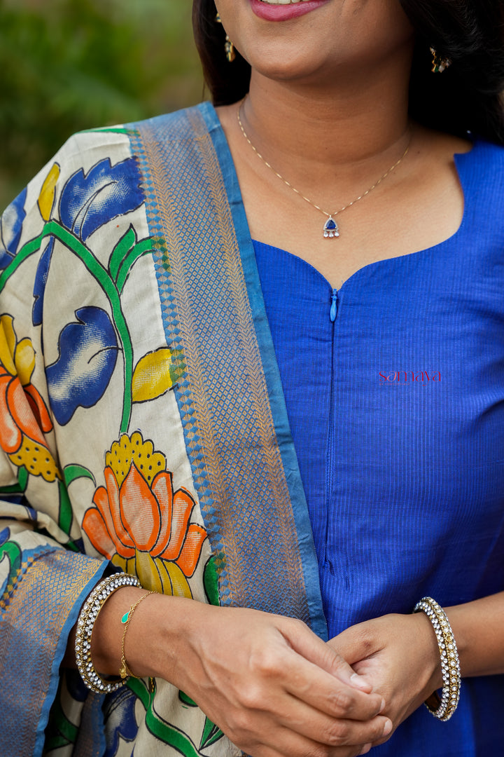 Radhae Mangalgiri Blue Narayanapet silk top with kalamkari hand painted dupptta set of 2 ( ready to dispatch)