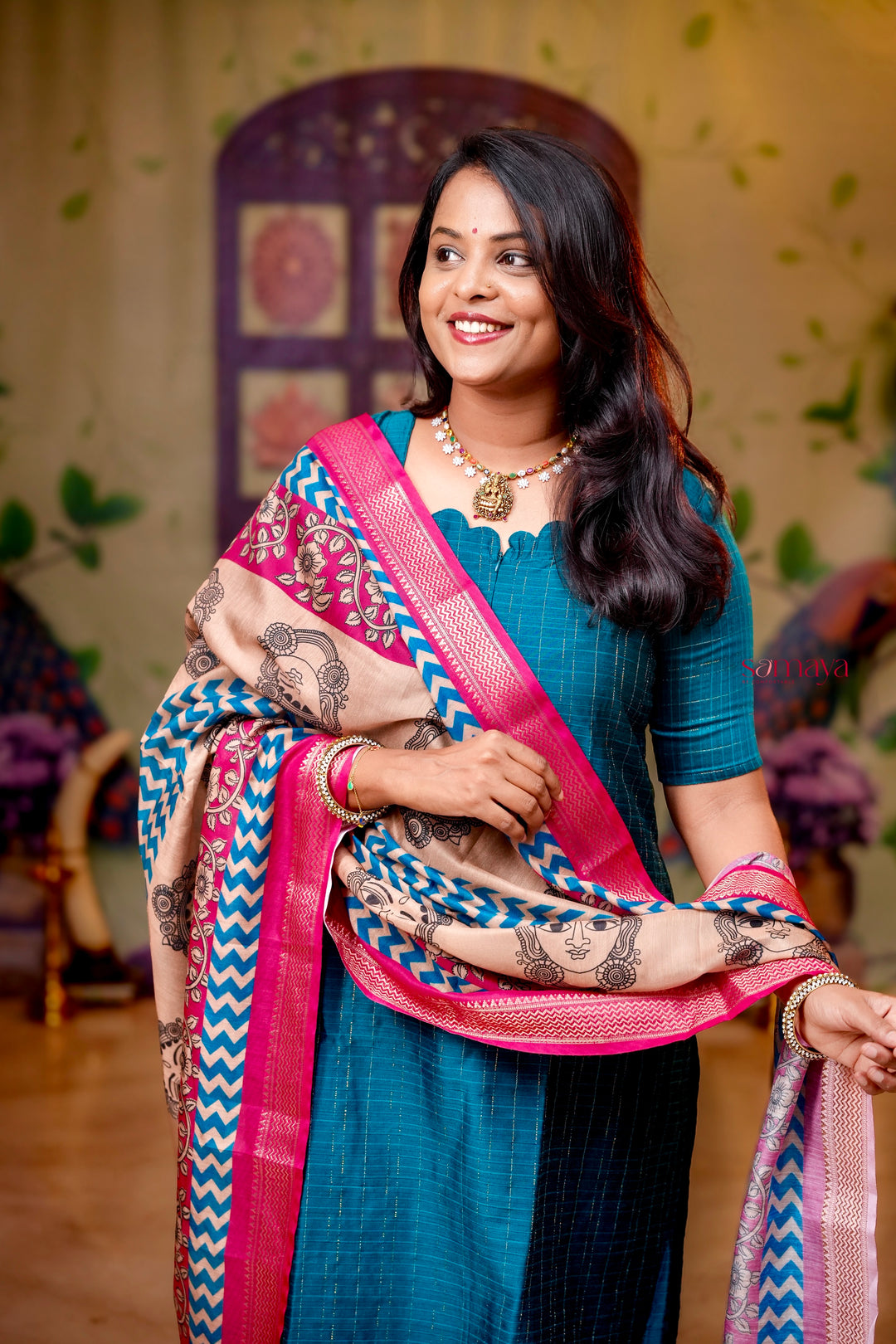 Oviyam raw silk Kurta 3 piece set with kalamkari dupptta