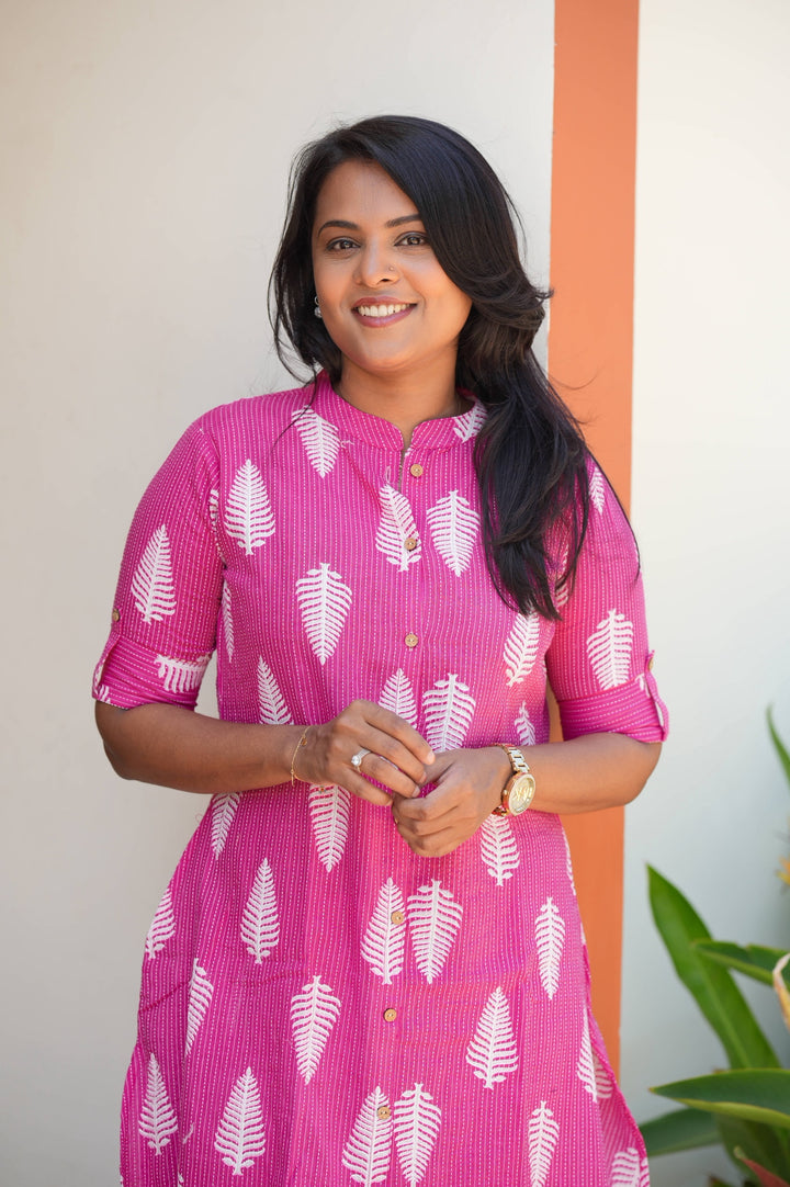 Pink cotton kurta set (button opening)