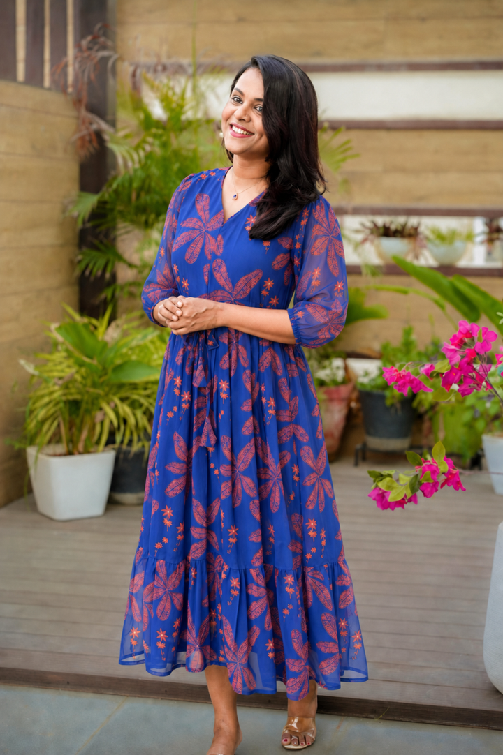Blue georgette casual Dress With Lining ( No-Iron Everyday Dress)
