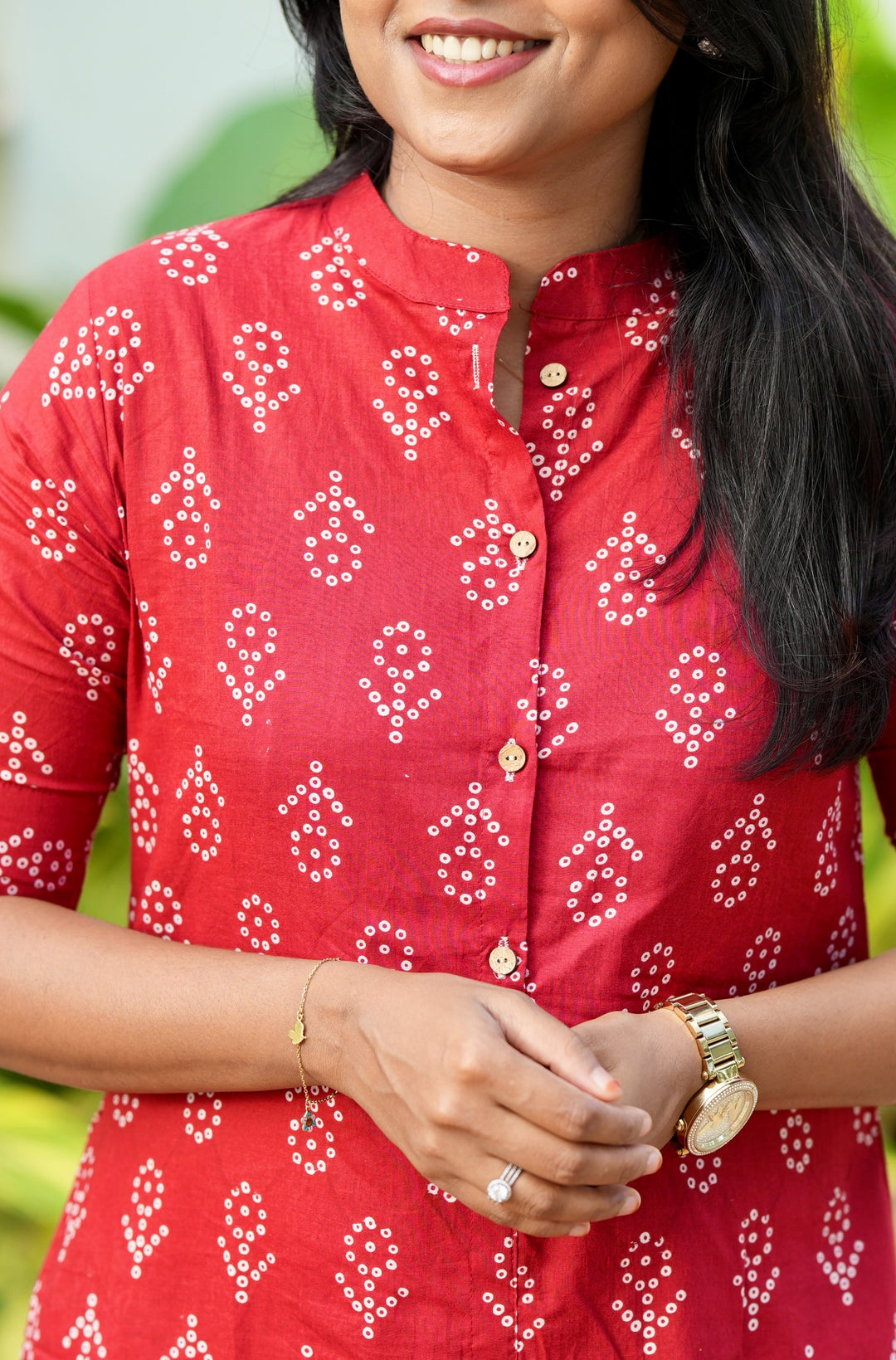 Red cotton kurta set (button opening)