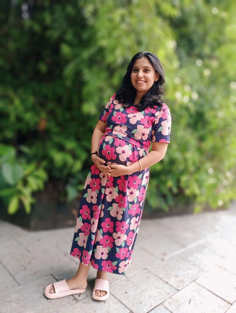 Midi Navy Pink Floral Dress thick winter (Minor embroidery variation so sold at sale price )