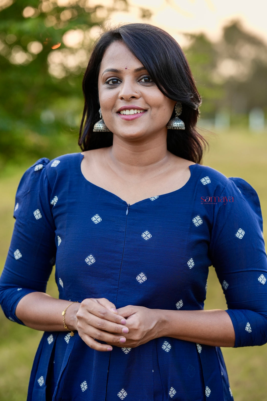 Heartly ( navy blue ) Raw silk  Dress With Lining