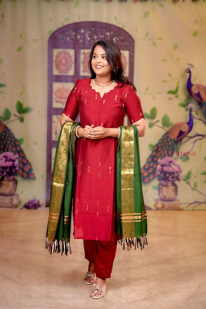 Mahalakshmi  raw silk Kurta Set of 3 with golden silk zari dupptta