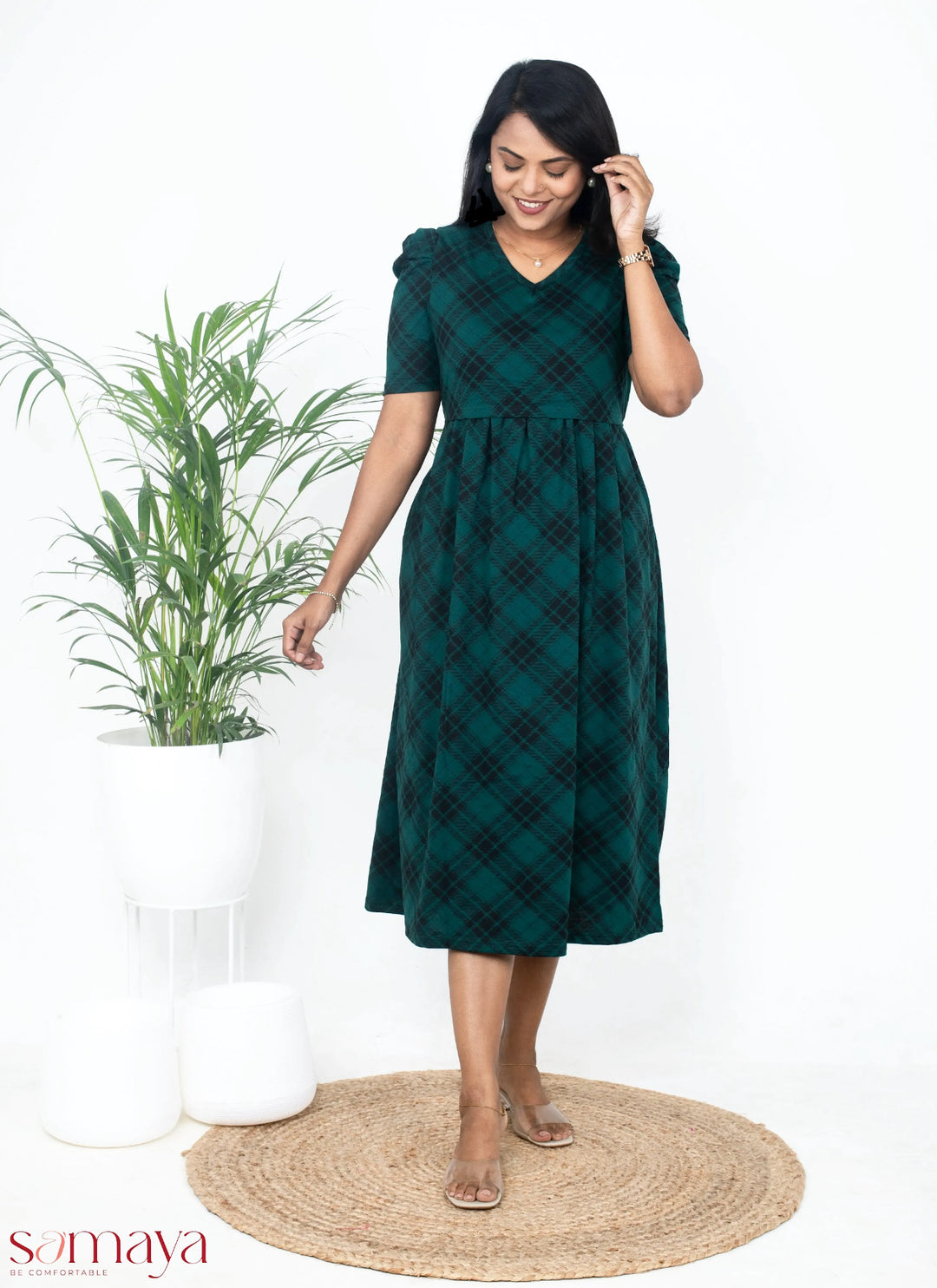 Midi Green Checked Light Weight Dress ( minor embroidery variation so sold at t sale price)