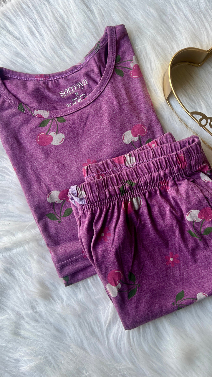 Purple apple print nursing top and pant set made of cotton lycra blend for comfortable maternity wear