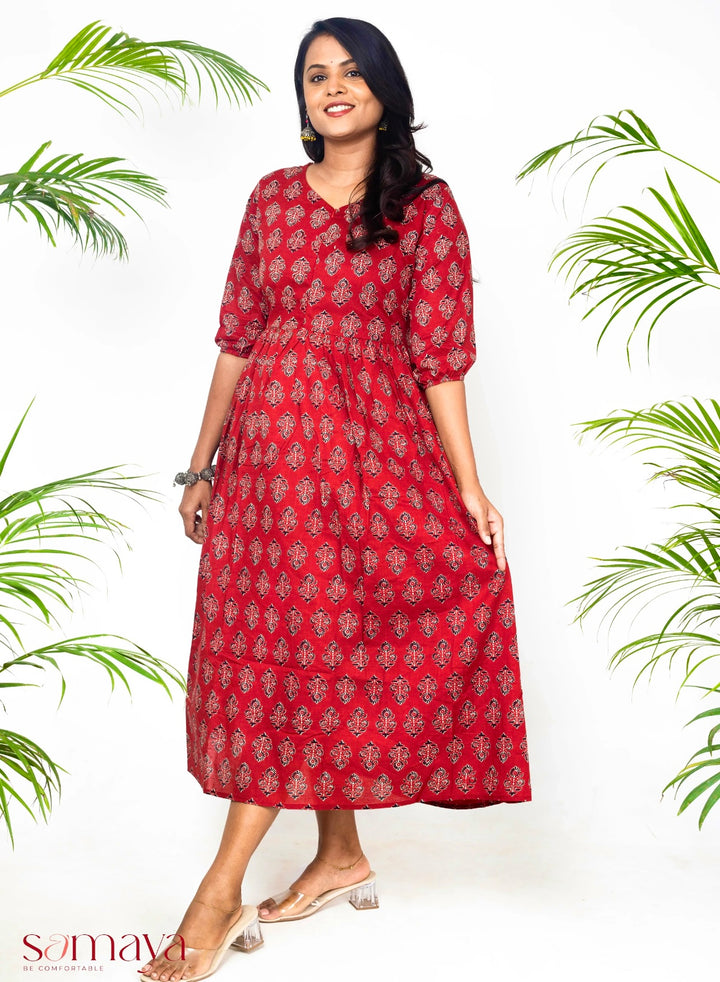 Maroon hand block cotton  dress and full lining