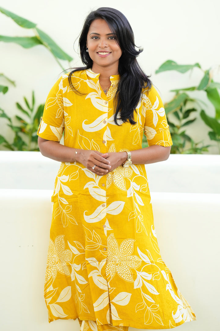 Yellow flower cotton kurta set (button opening)