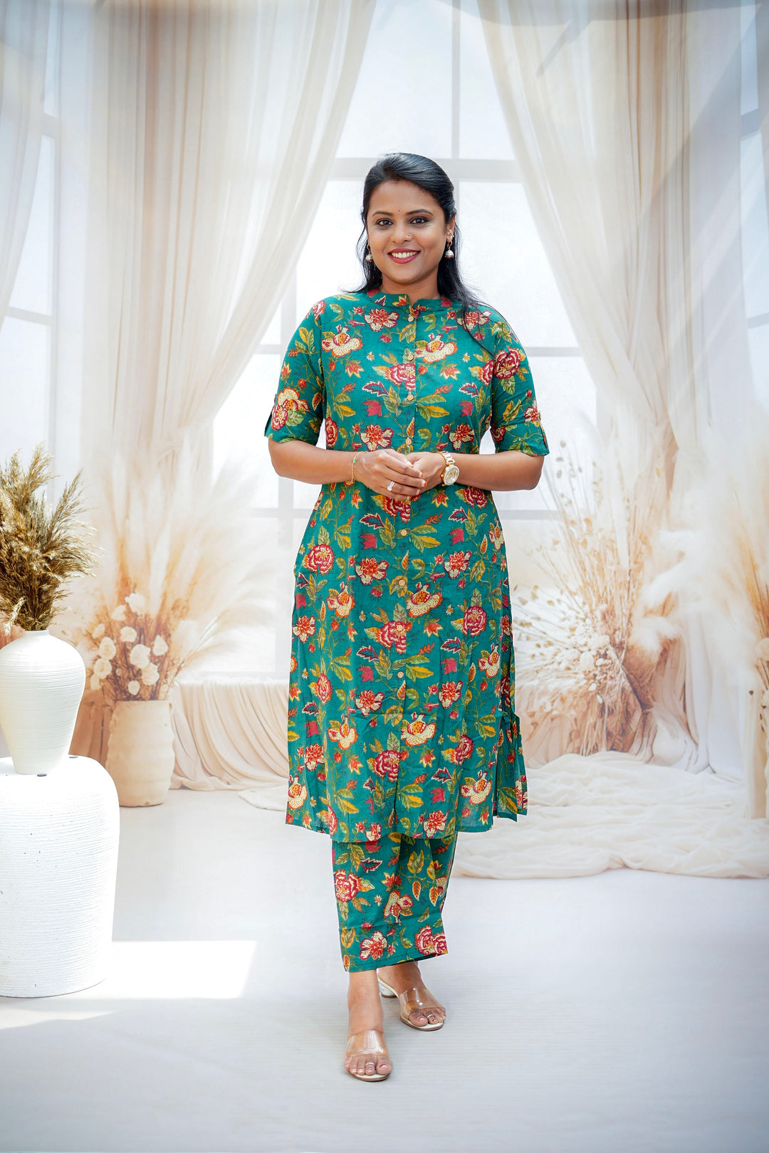 Green cotton kurta set (button opening)