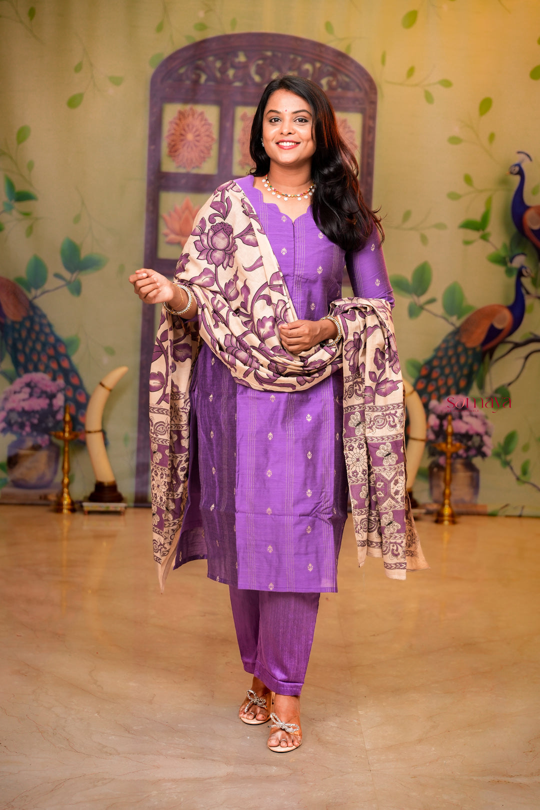 Malar- Lavender raw silk Kurta Set with hand painted kalamkari cotton dupptta