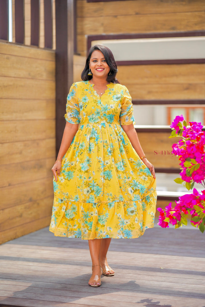 Yellow  georgette casual  Dress With Lining