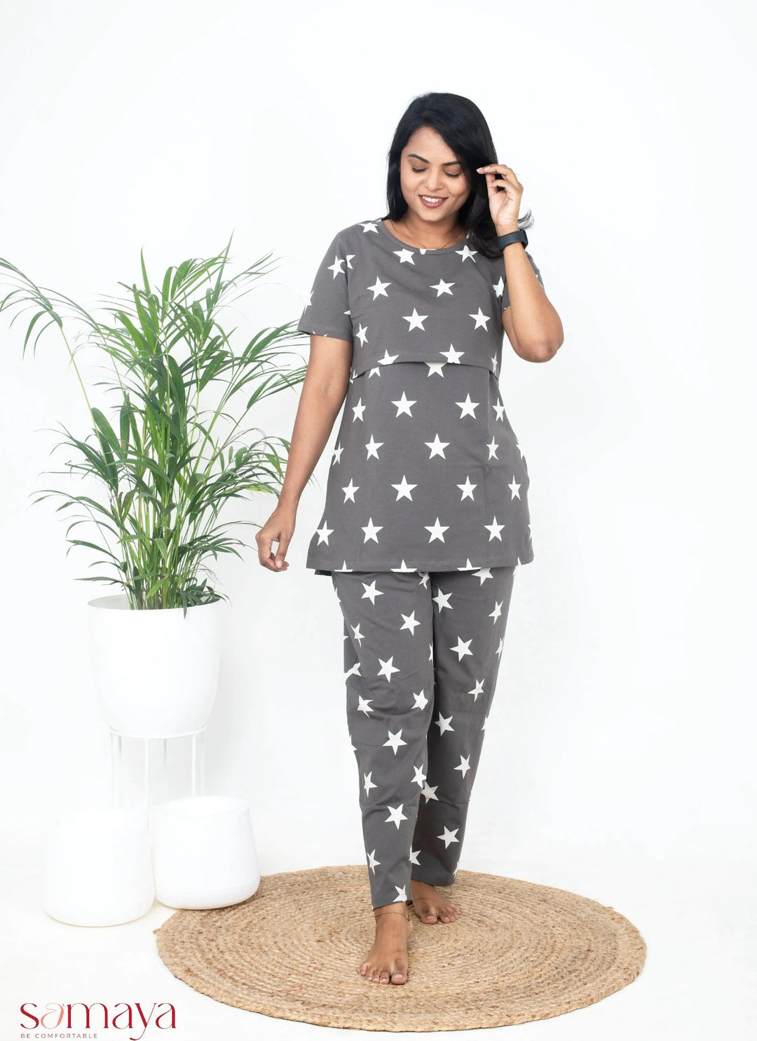 Grey Star Feeding Pant Set with star print nursing top and pants in soft cotton blend for maternity comfort