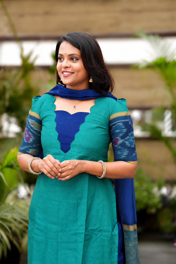 Rama green with blue 3 piece suit set with Dupatta