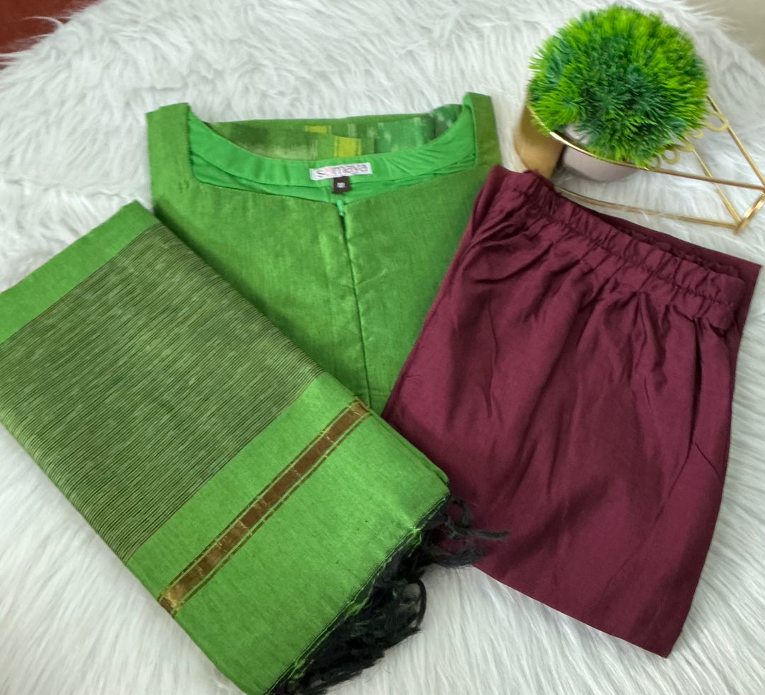 Shanthini - Green maroon 3 piece Pochampally  suit set with Dupatta