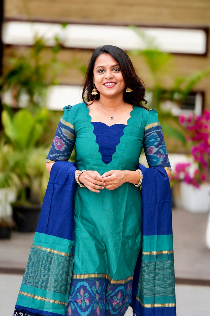 Rama green with blue 3 piece suit set with Dupatta