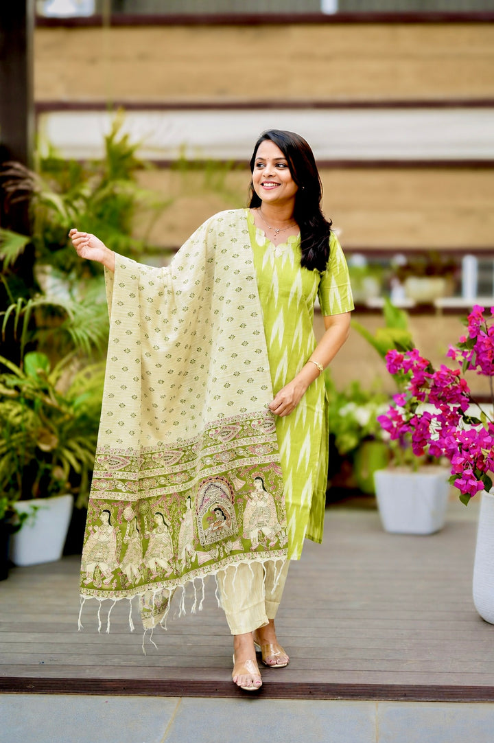 Pari -Green Cotton 3 piece Set with Madhubani duppta