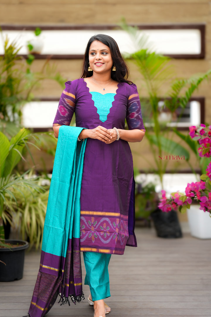 Shanthini -purple  blue   Pochampally 3 piece  suit set with Dupatta