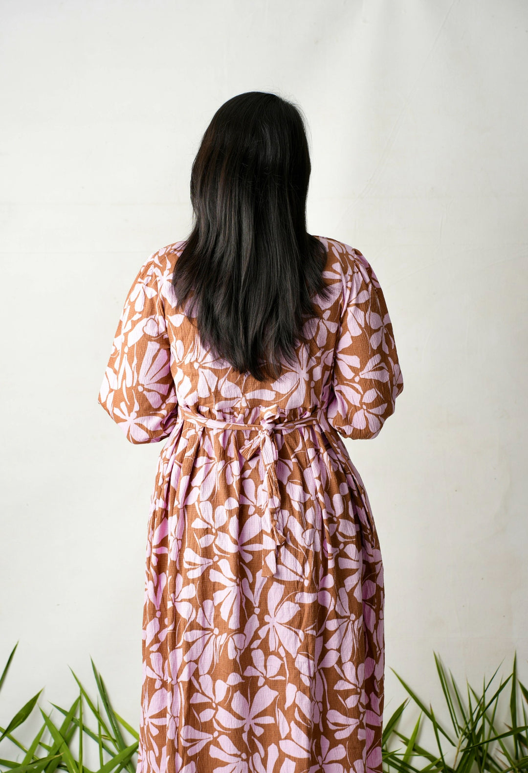 Midi Bubblegum  Floral waffle  casual Dress