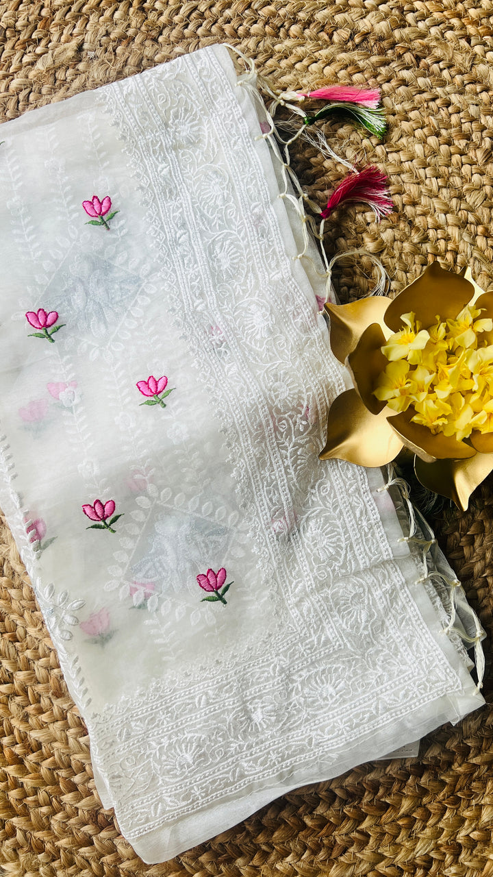 Lotus organza chikankari saree