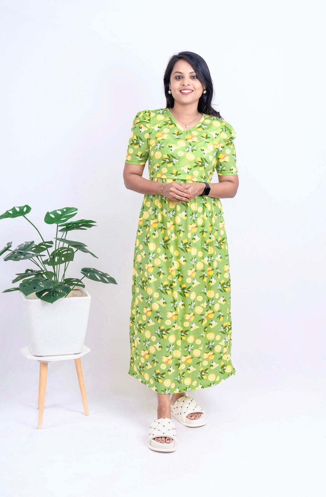 Maxi lemon yellow floral nursing gown with V-neck and puff elbow sleeves for maternity and feeding comfort