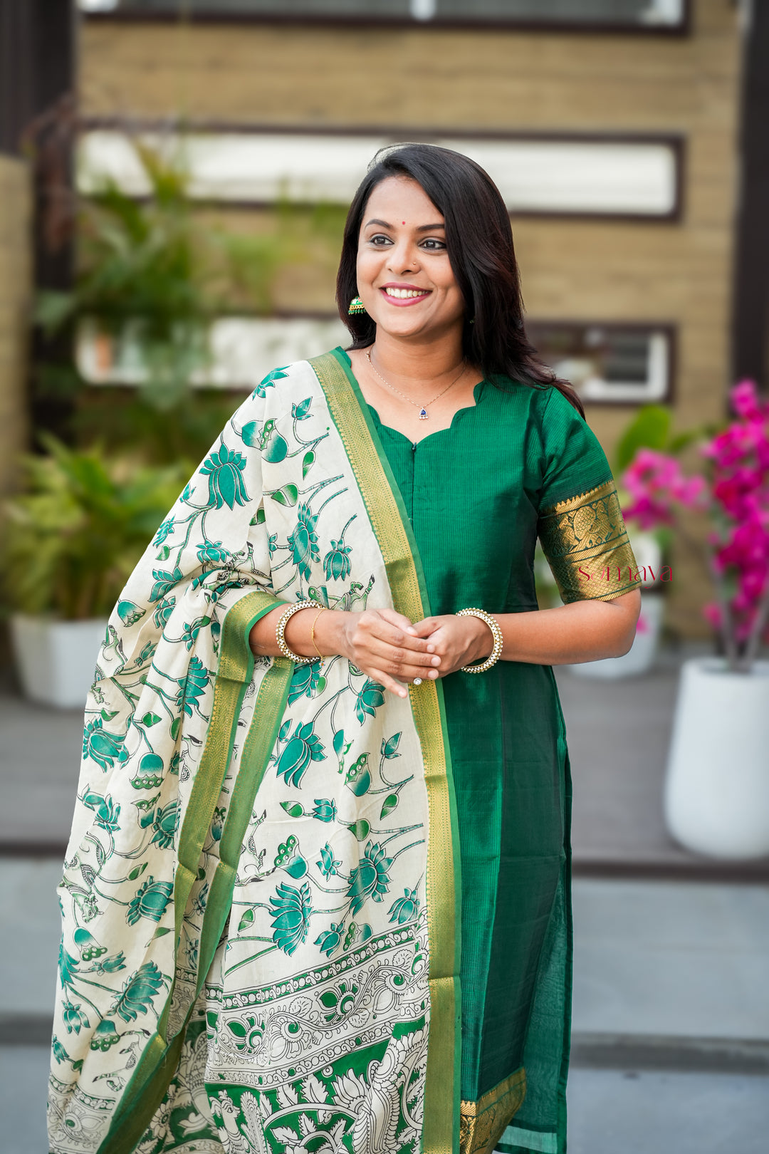 Mangalgiri Green Narayanapet silk top with kalamkari hand painted duppatta set of 2 ( ready to dispatch)