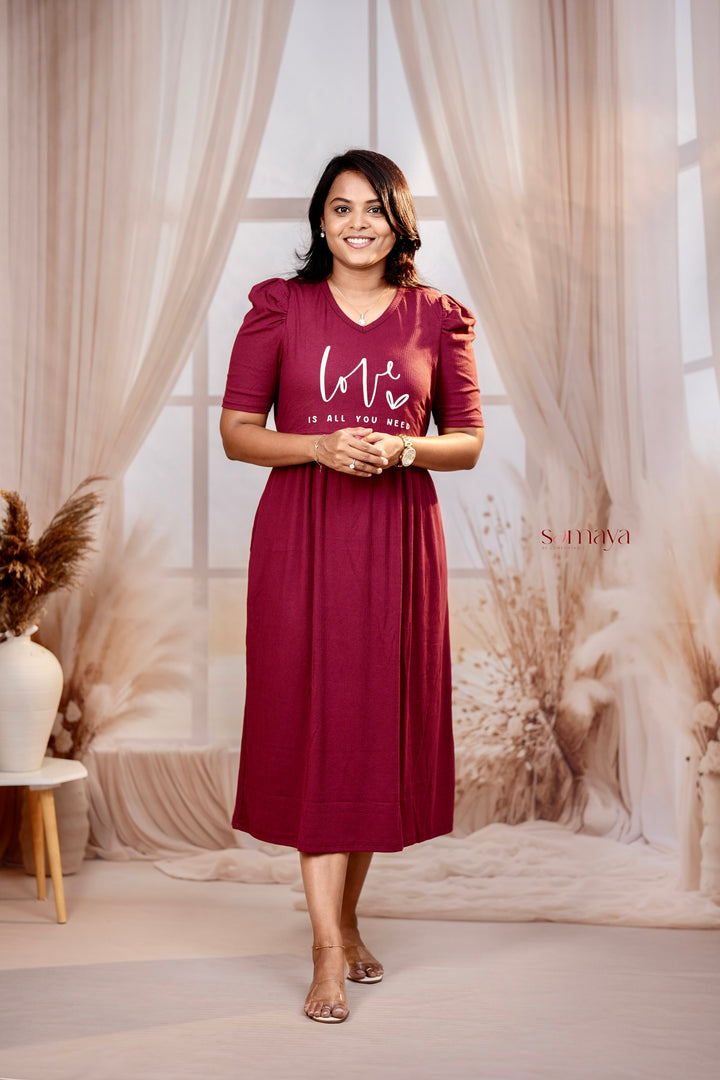 Calf length Wine love Ribbed Light Weight Dress
