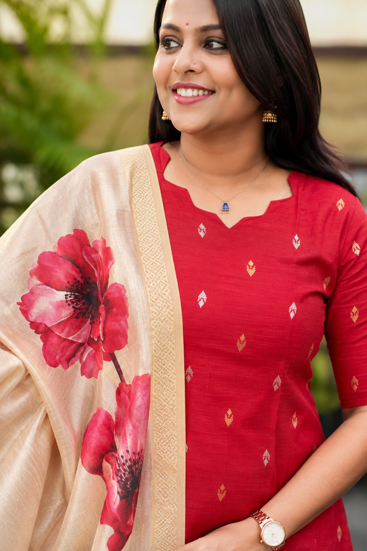 Aruvi -red  raw silk kurta with dupptta ( ready to dispatch)set of 2