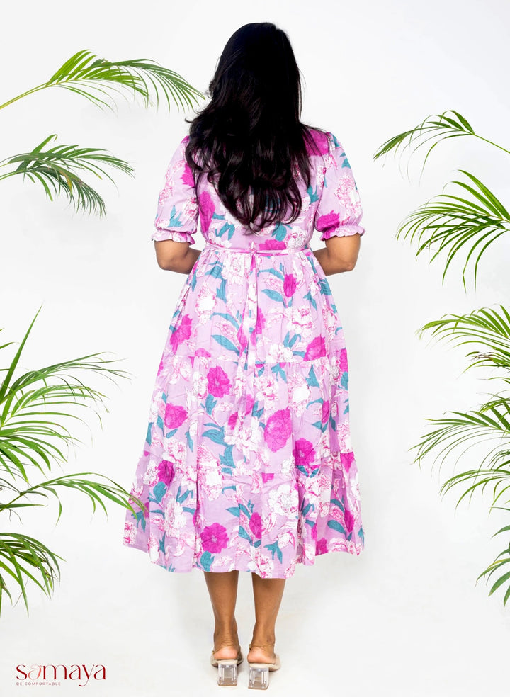 Lavender floral casual  dress with lining