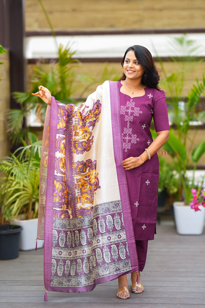 Saanvi -Purple Kolam 3 piece salwar suit set with kalamkari printed dupatta