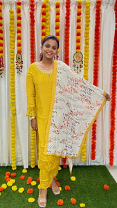 Mustard Kurta with hand embroidery 3 piece Set