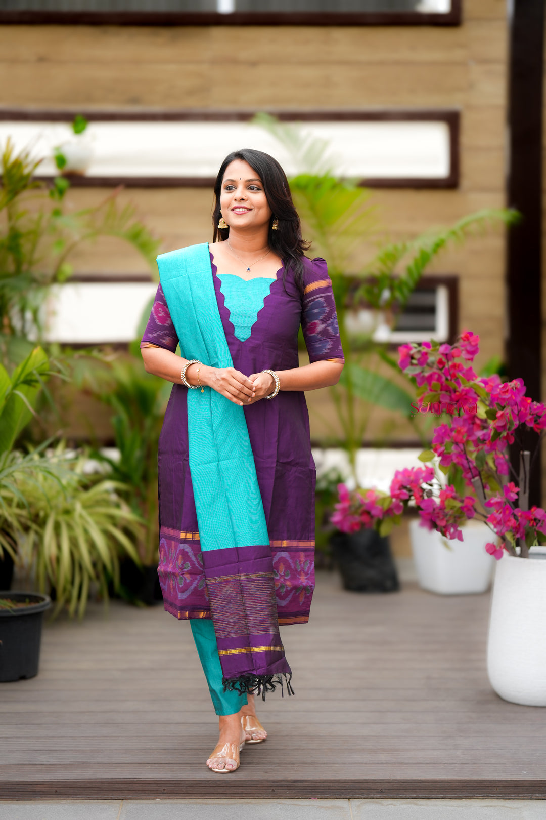 Shanthini -purple  blue   Pochampally 3 piece  suit set with Dupatta
