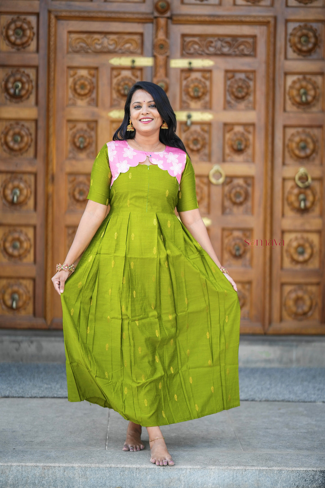 Geethanjali raw silk maxi Dress With chanderi scallop