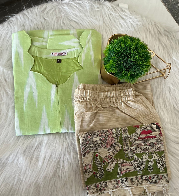 Pari -Green Cotton 3 piece Set with Madhubani duppta