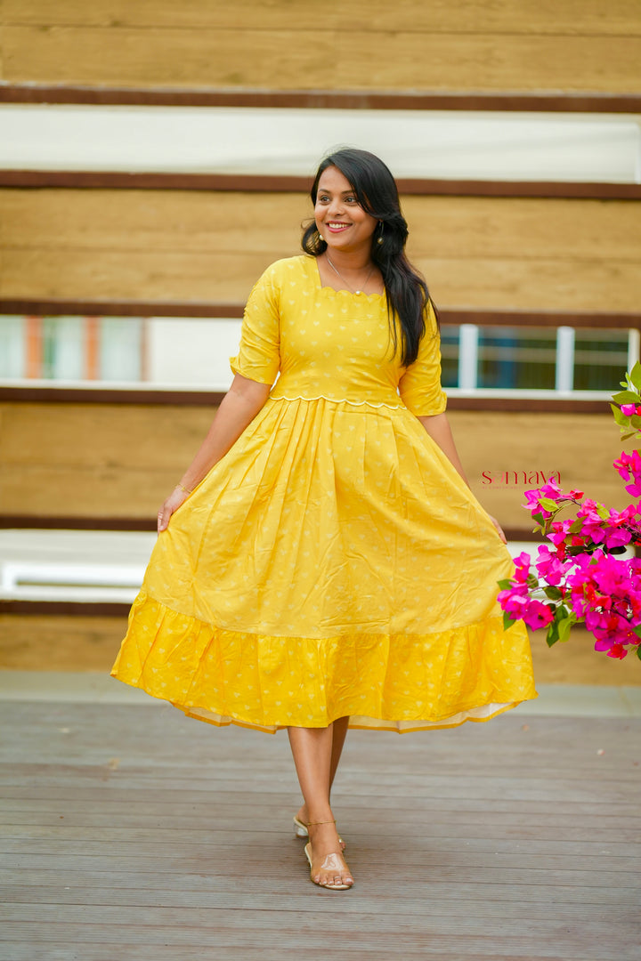 Yellow Casual Dress With Lining( Wrinkle-Free Cotton Blend Dress)