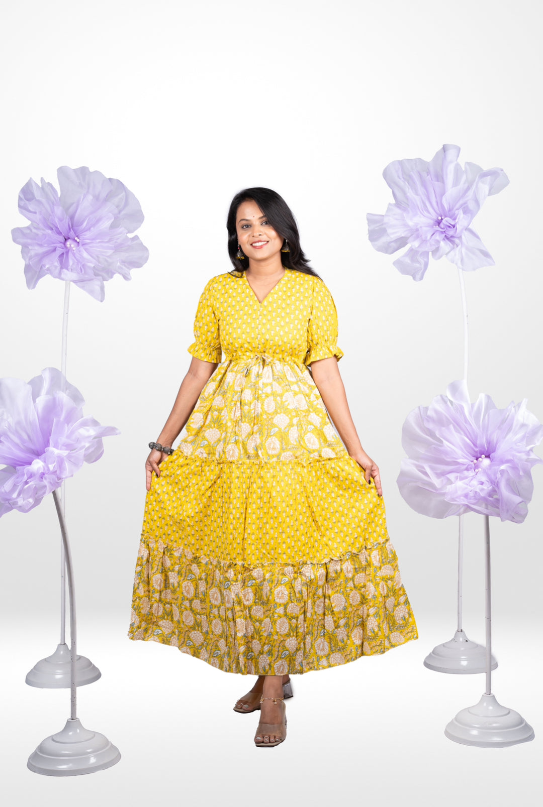Yellow casual Maxi Dress With Lining Non-Maternity & Feeding-Friendly Dress