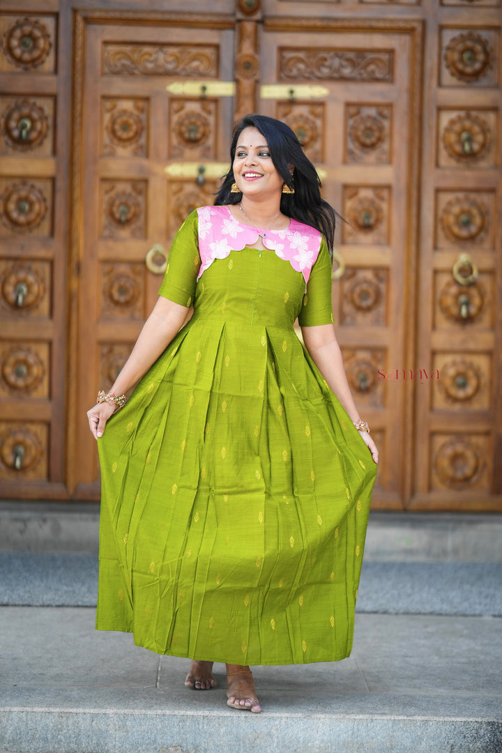 Geethanjali raw silk maxi Dress With chanderi scallop