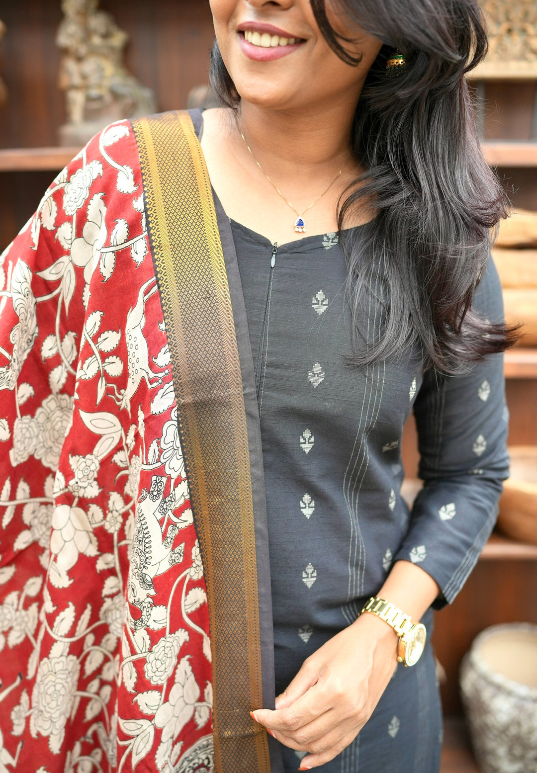 Maya black raw silk Kurta Set with Kalamkari hand painted duptta ( 3 piece set )
