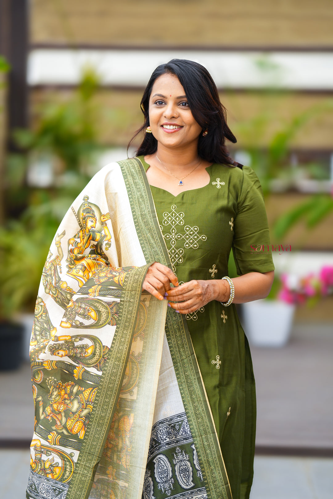 Saanvi-green kollam  3 piece salwar suit set with printed kalamkari dupptta