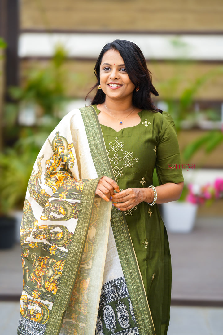Saanvi-green kollam  3 piece salwar suit set with printed kalamkari dupptta