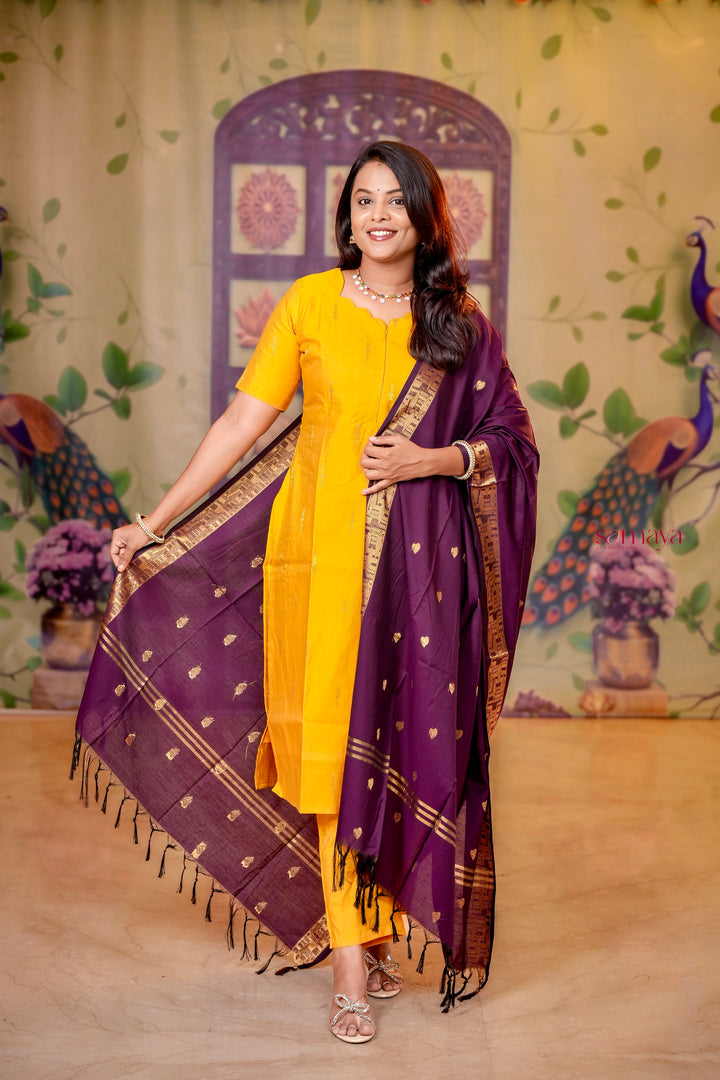 Mango  - yellow soft raw silk Kurta Set of 3 with silk border dupptta