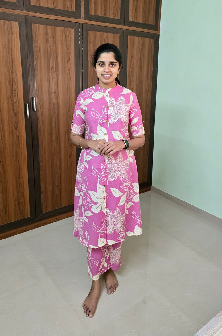 Babypink cotton kurta set (button opening)