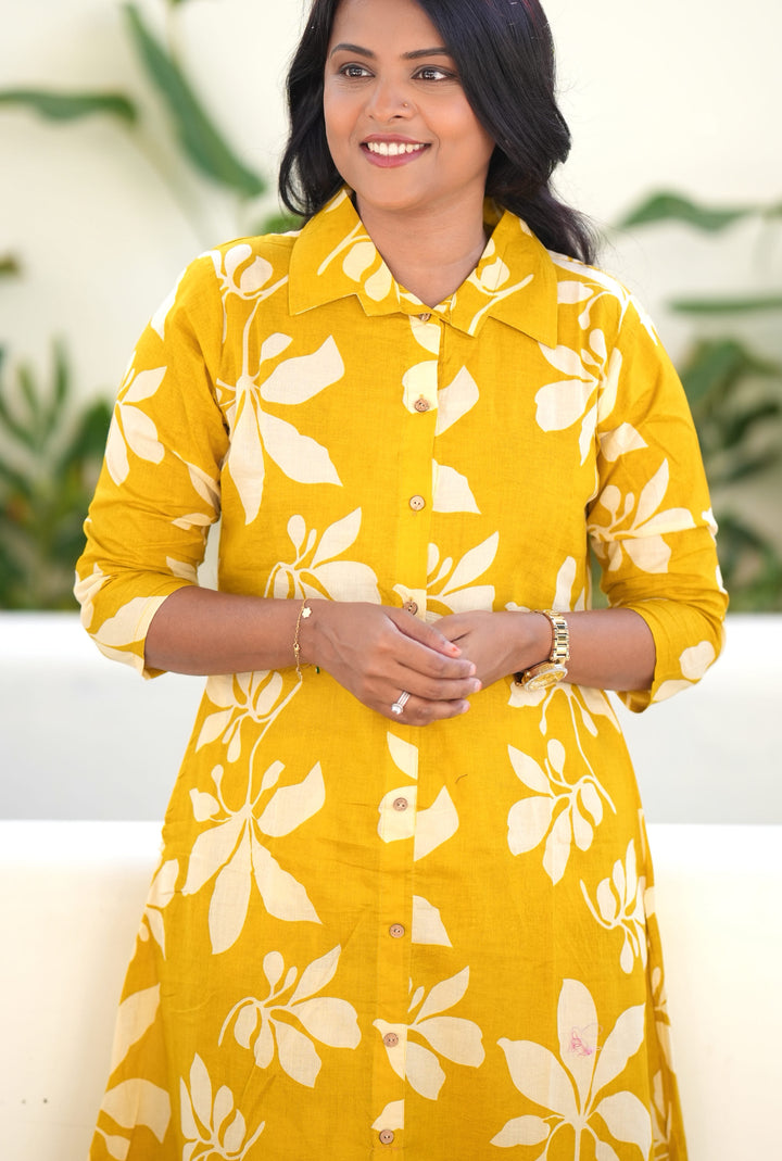Yellow cotton kurta set (button opening)