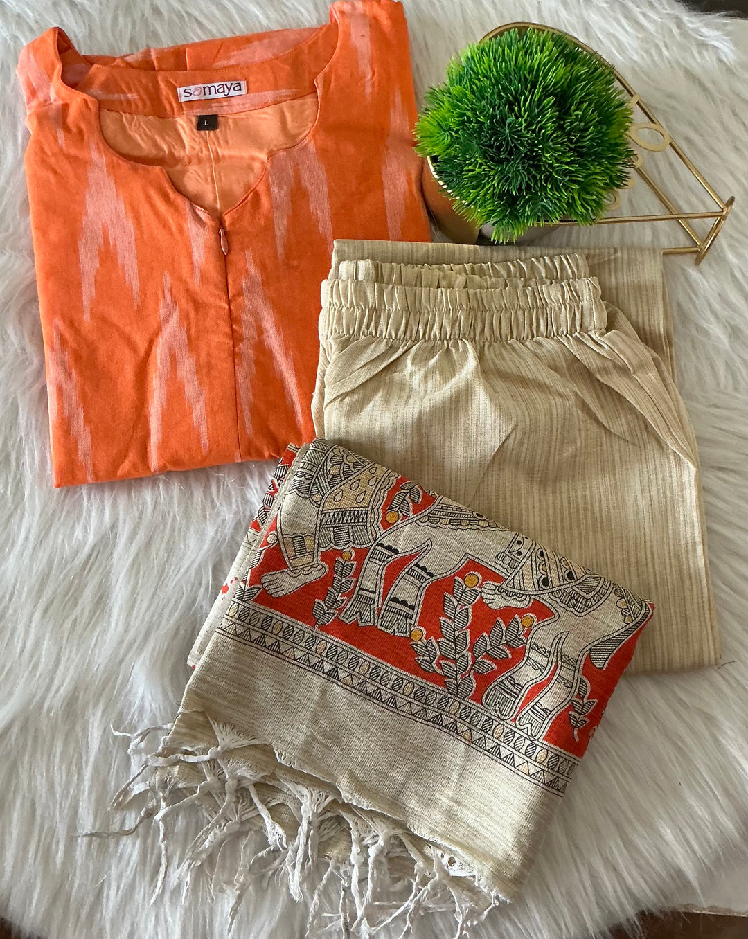 Pari -Orange Ikkat  Cotton 3 piece Set with madubhani dupptta