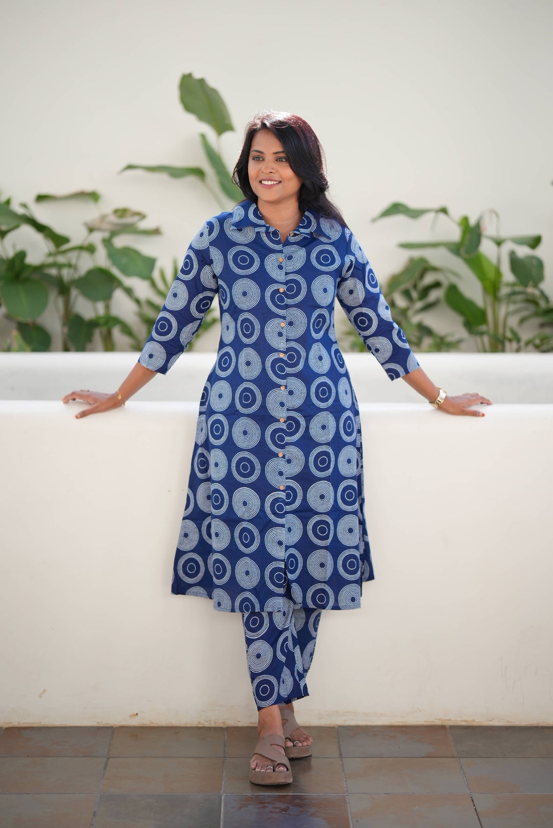 Navy cotton kurta set (button opening)