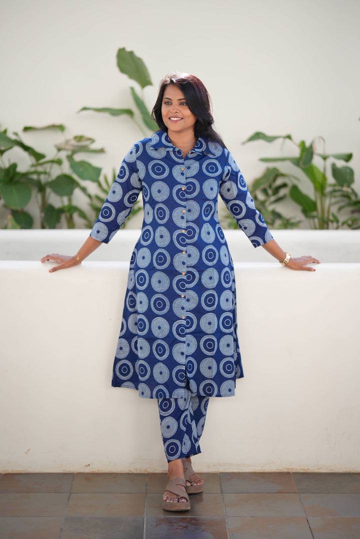 Navy cotton kurta set (button opening)