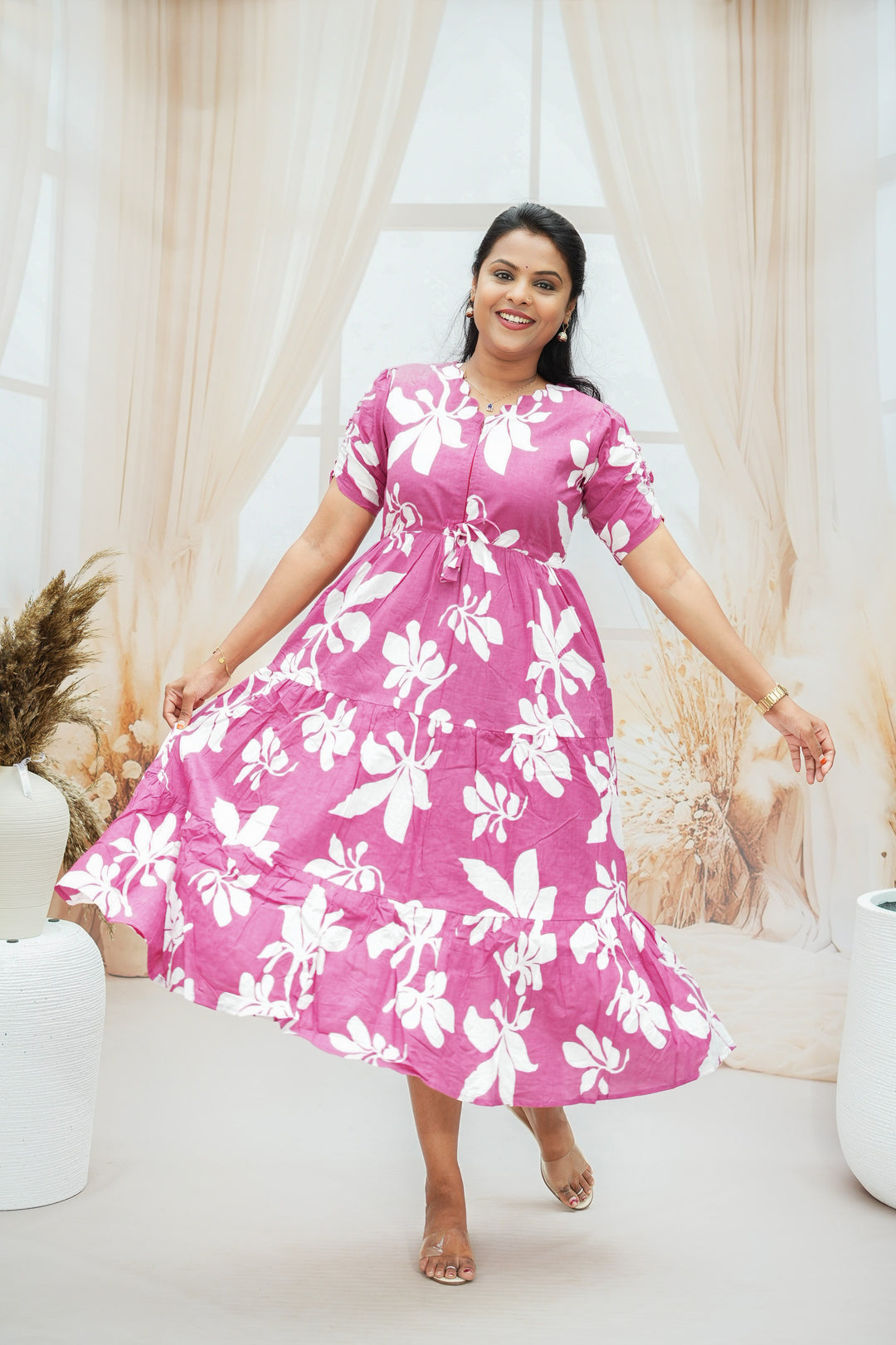 Mauve floral Casual Dress With Lining