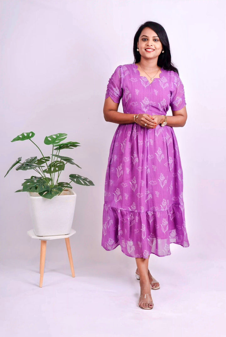 Lilac Georgette Casual  Dress With Lining ( No-Iron Everyday Dress)