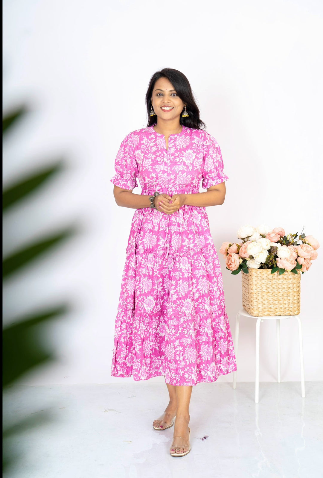 Mauve pink floral cotton day to night dress with elbow sleeves and center zipper for nursing and maternity wear