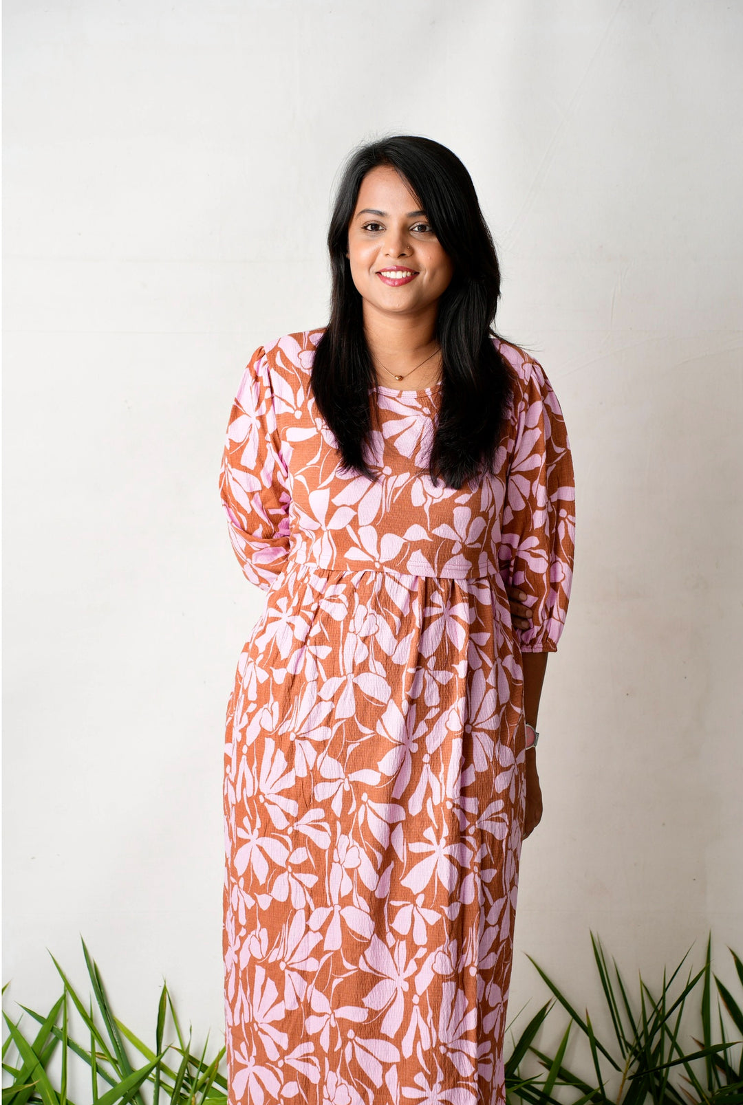 Midi Bubblegum  Floral waffle  casual Dress